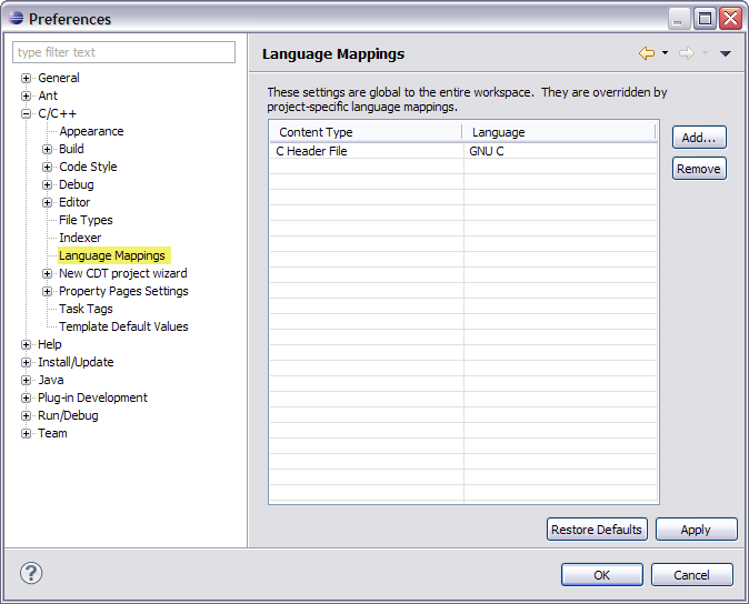 Language Mappings preferences