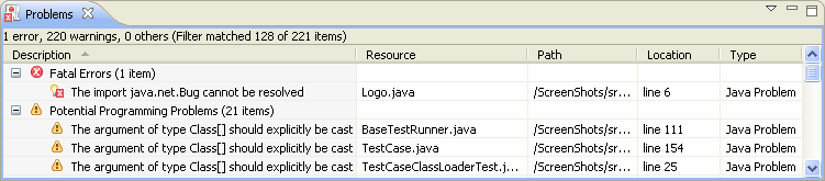 Picture of Problems view showing grouping by type