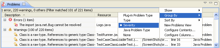 Picture of the Problems view's 'Group By' view menu