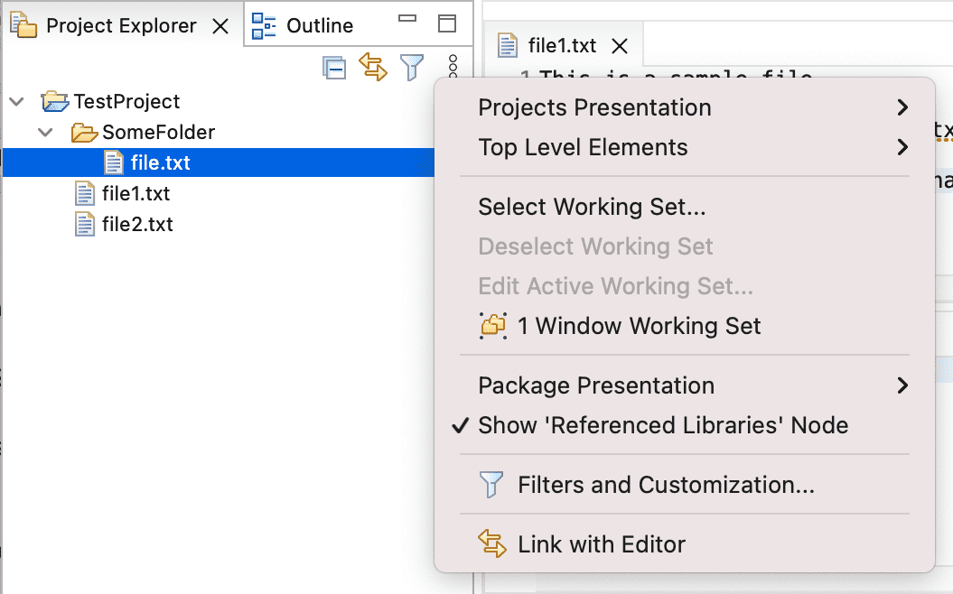 Project Explorer view menu, arrow pulldown