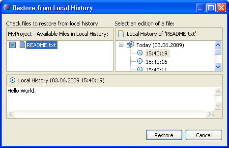 Restore from local history dialog